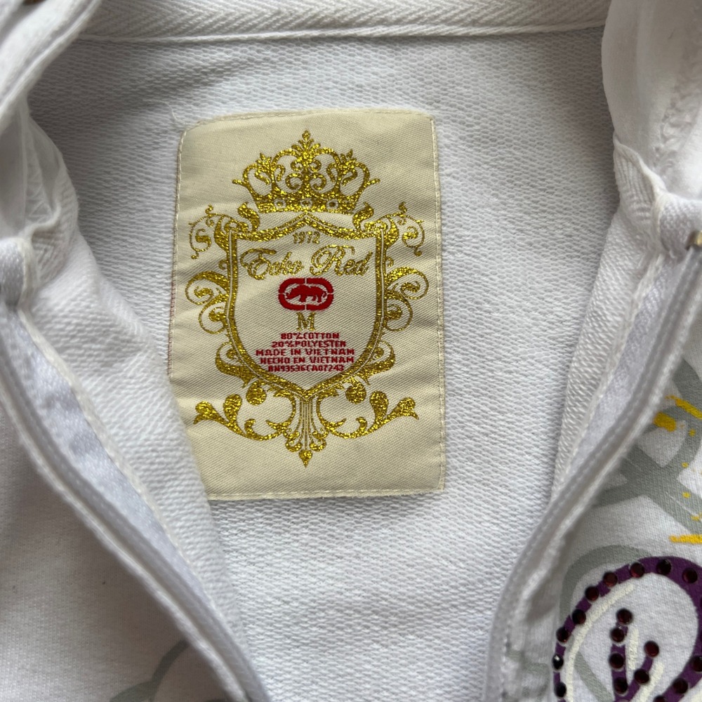 VTG Ecko Red Womens White Tattoo Graphic Zip Up Hoodie Rhinestone Heart Y2K M - Picture 6 of 12